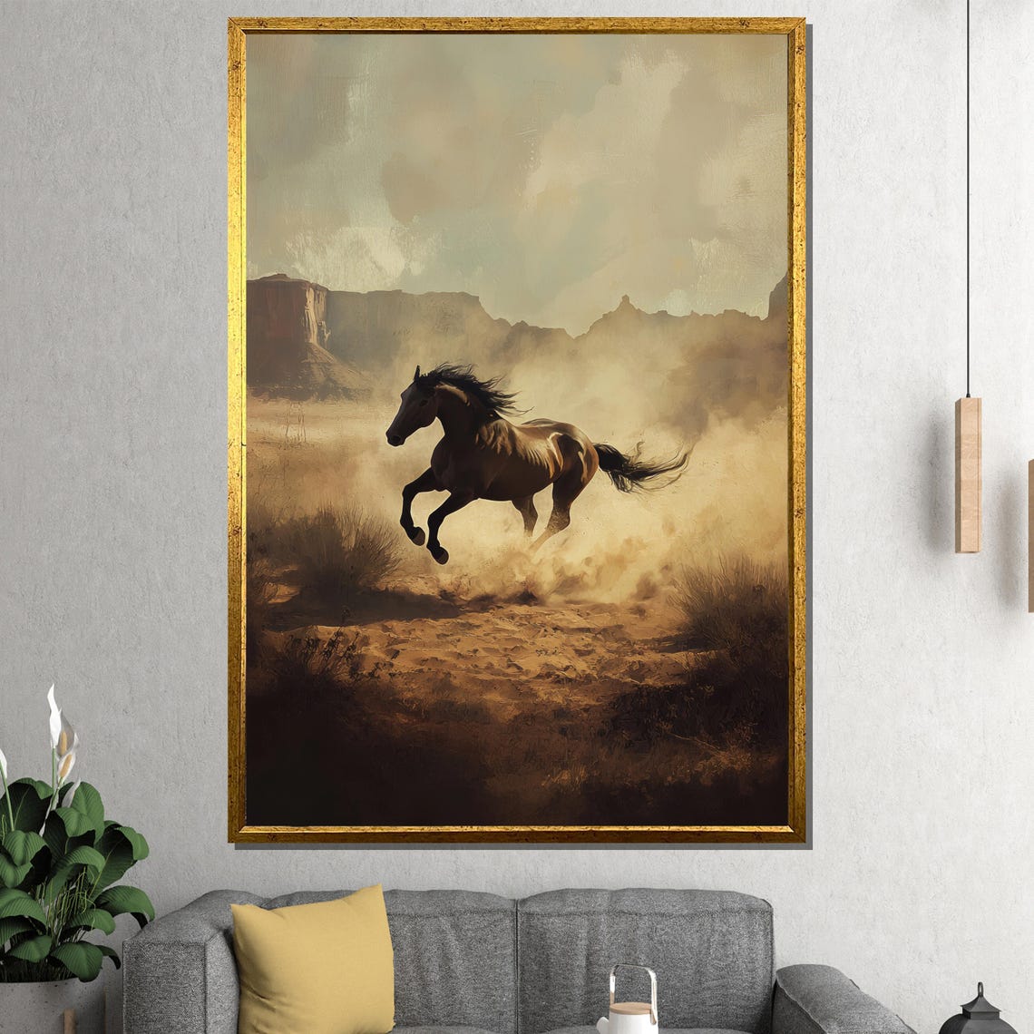 Black Horse Galloping Through Desert Dust Western Mesa Art Poster