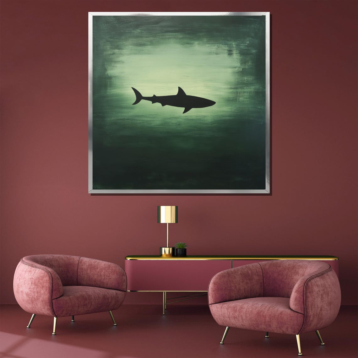 Minimalist Shark Silhouette in a Soft Green Ocean Wash Poster - Image 3