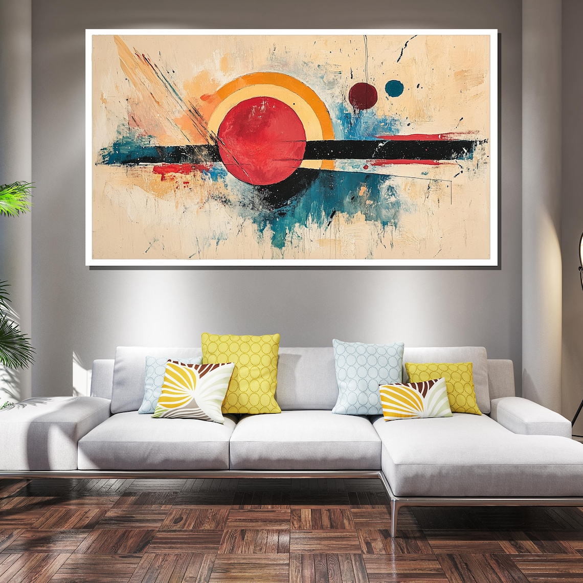 Bold Red Sun Circle Black Band Mid Century Modern Abstract Art Poster - Image 2