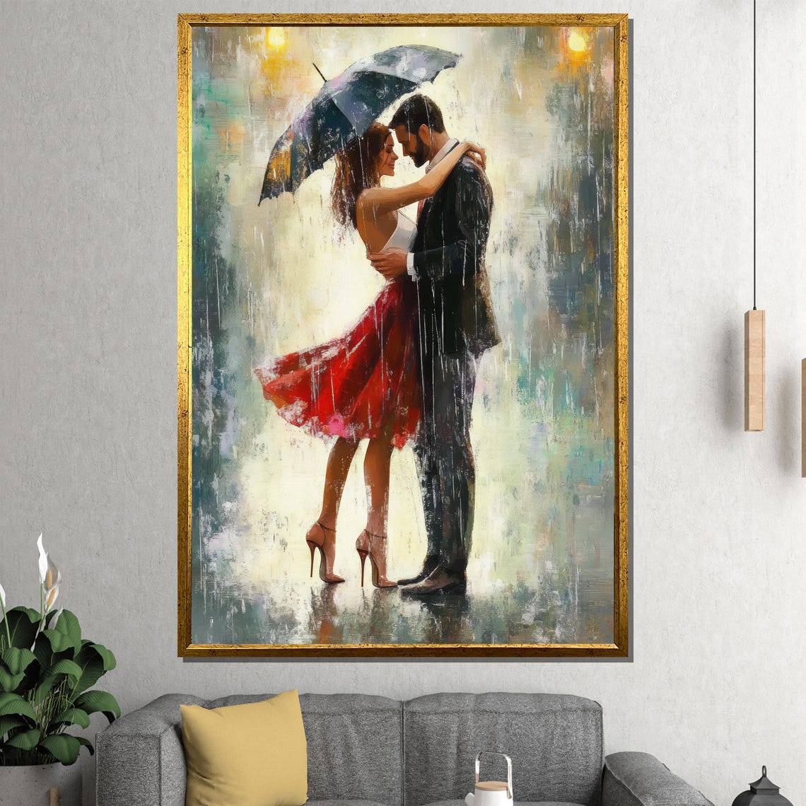 Romantic Couple Embracing Under an Umbrella in the Rain Poster