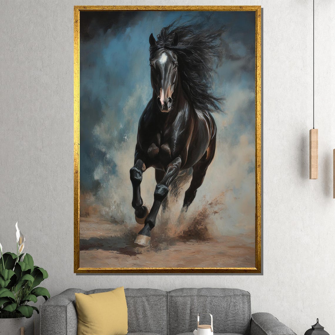 Black Stallion Charging Through Dust Under a Storm Sky Poster