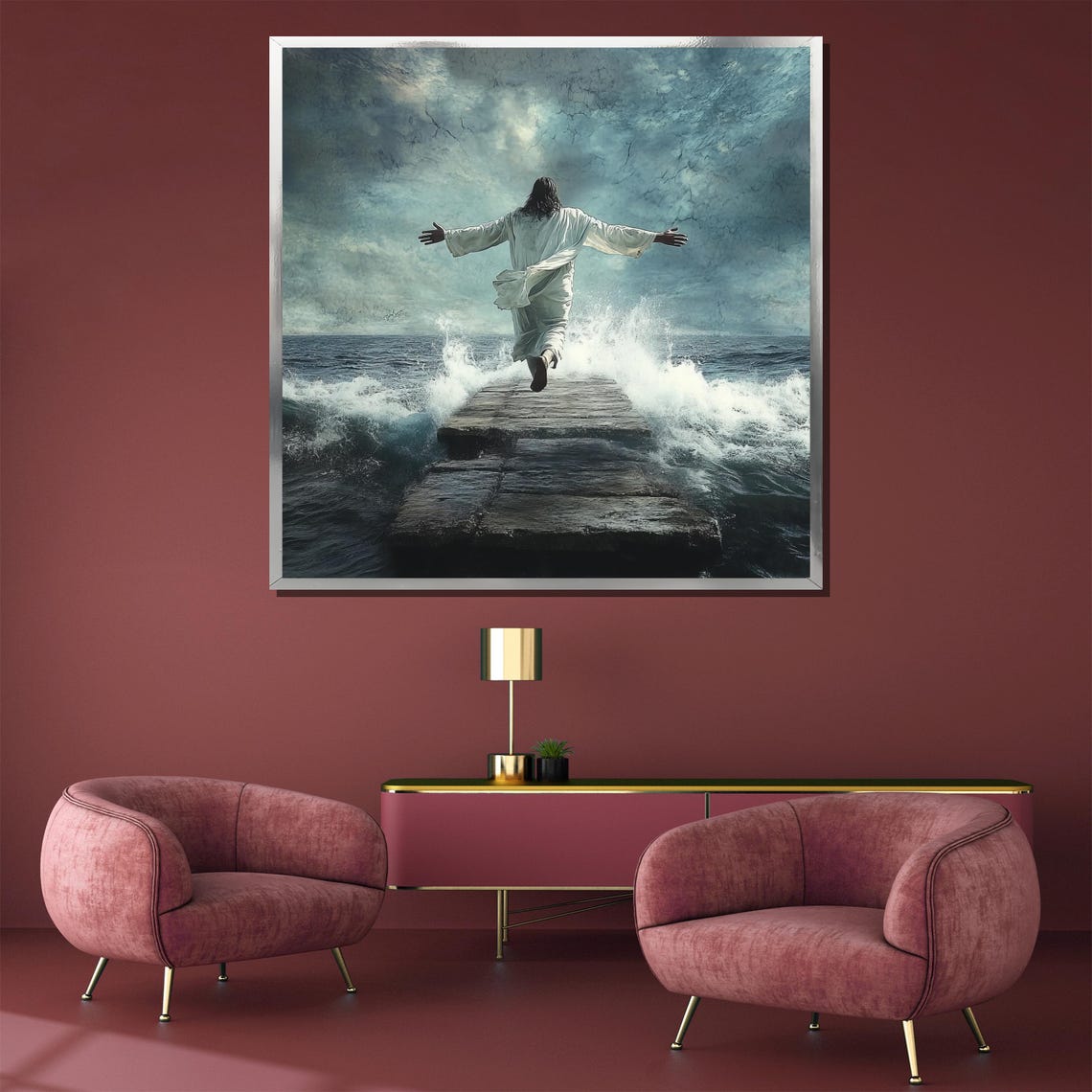 Jesus Walking on Water Teal Storm Arms Outstretched Sea Poster - Image 5