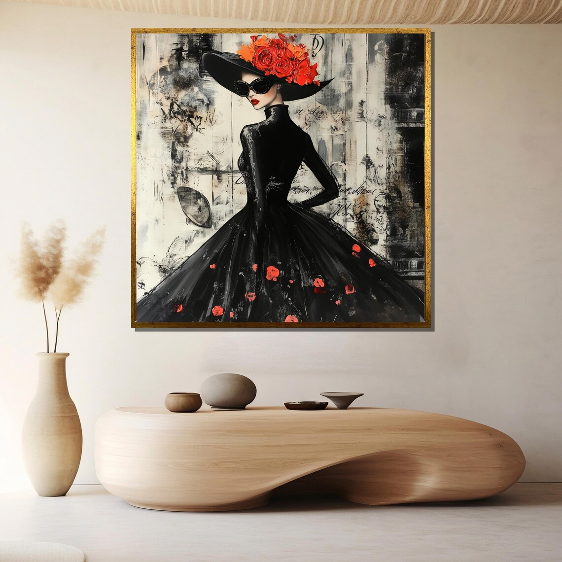 Glamorous Lady In Black Dress With Red Roses And Wide Hat Poster