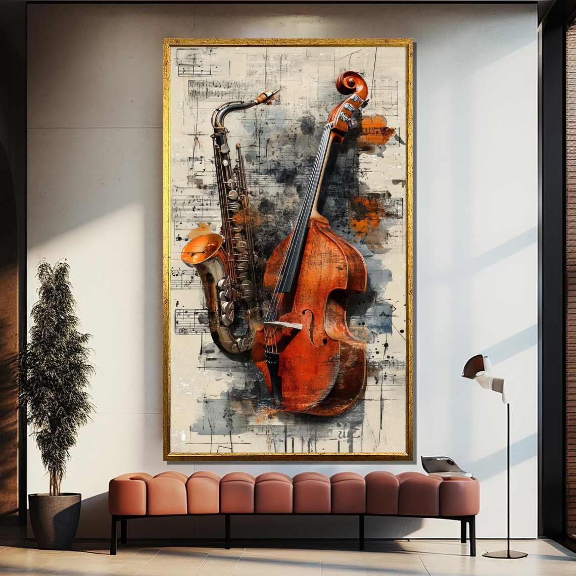 Saxophone and Double Bass in Vintage Sheet Music Style Poster