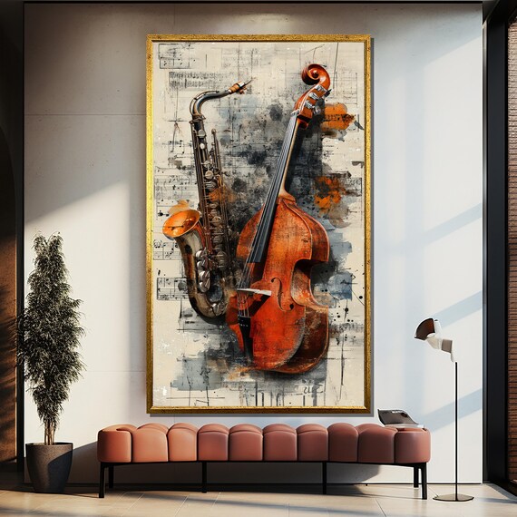 Saxophone and Double Bass in Vintage Sheet Music Style Poster