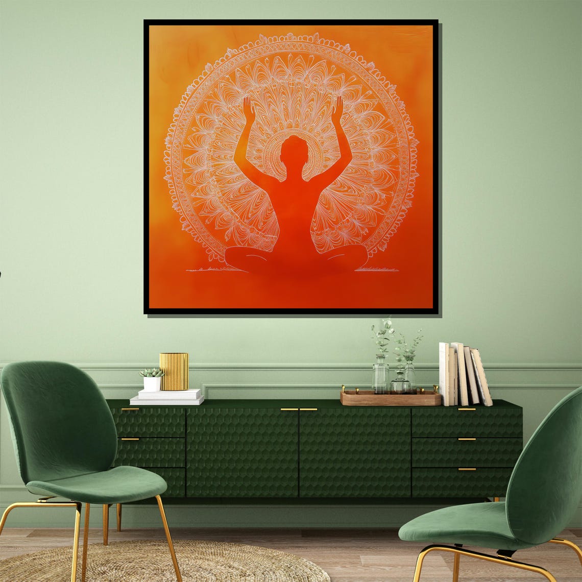 Orange Mandala Yoga Meditation Silhouette With Raised Arms Poster - Image 4