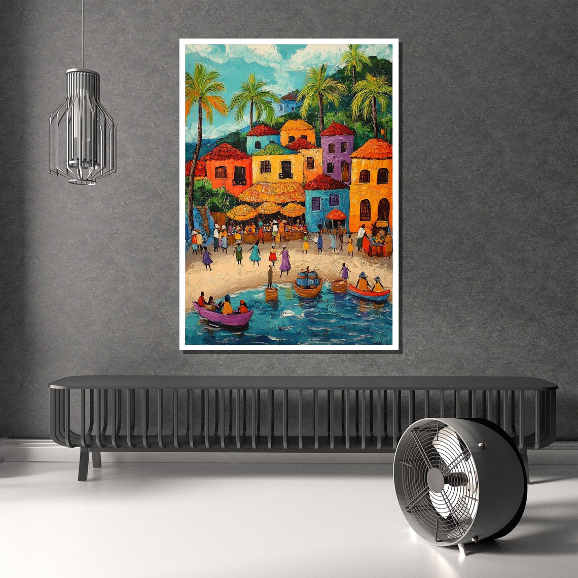 Colorful Caribbean Coastal Village Boats Beach Market Poster - Image 3