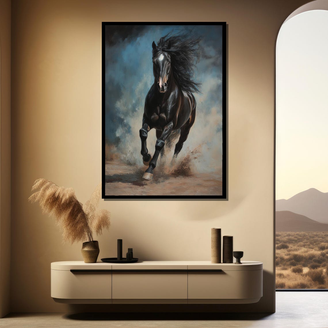 Black Stallion Charging Through Dust Under a Storm Sky Poster - Image 4
