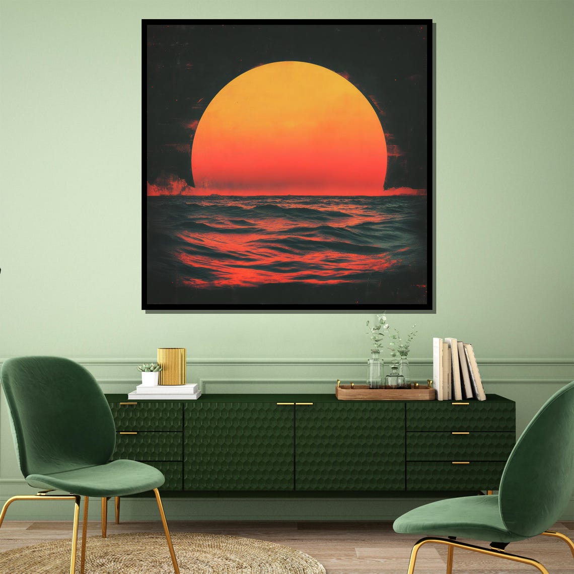 Bold Red Sun Ocean Horizon Abstract Minimalist Sunset Poster - Image 4