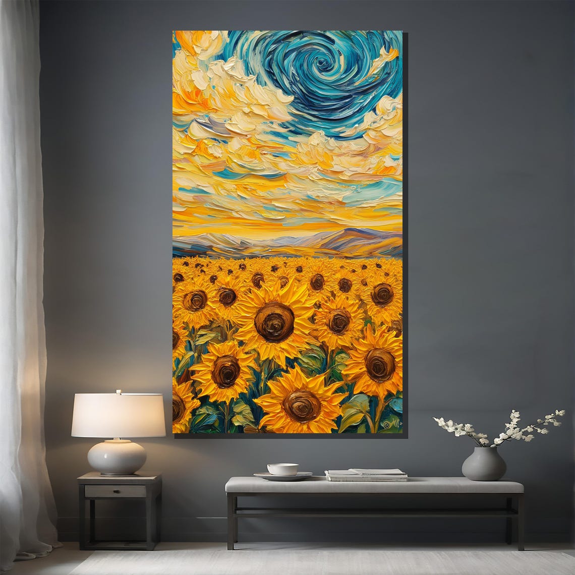 Sunflower Field Under Swirling Starry Sky Impasto Floral Wall Poster - Image 2