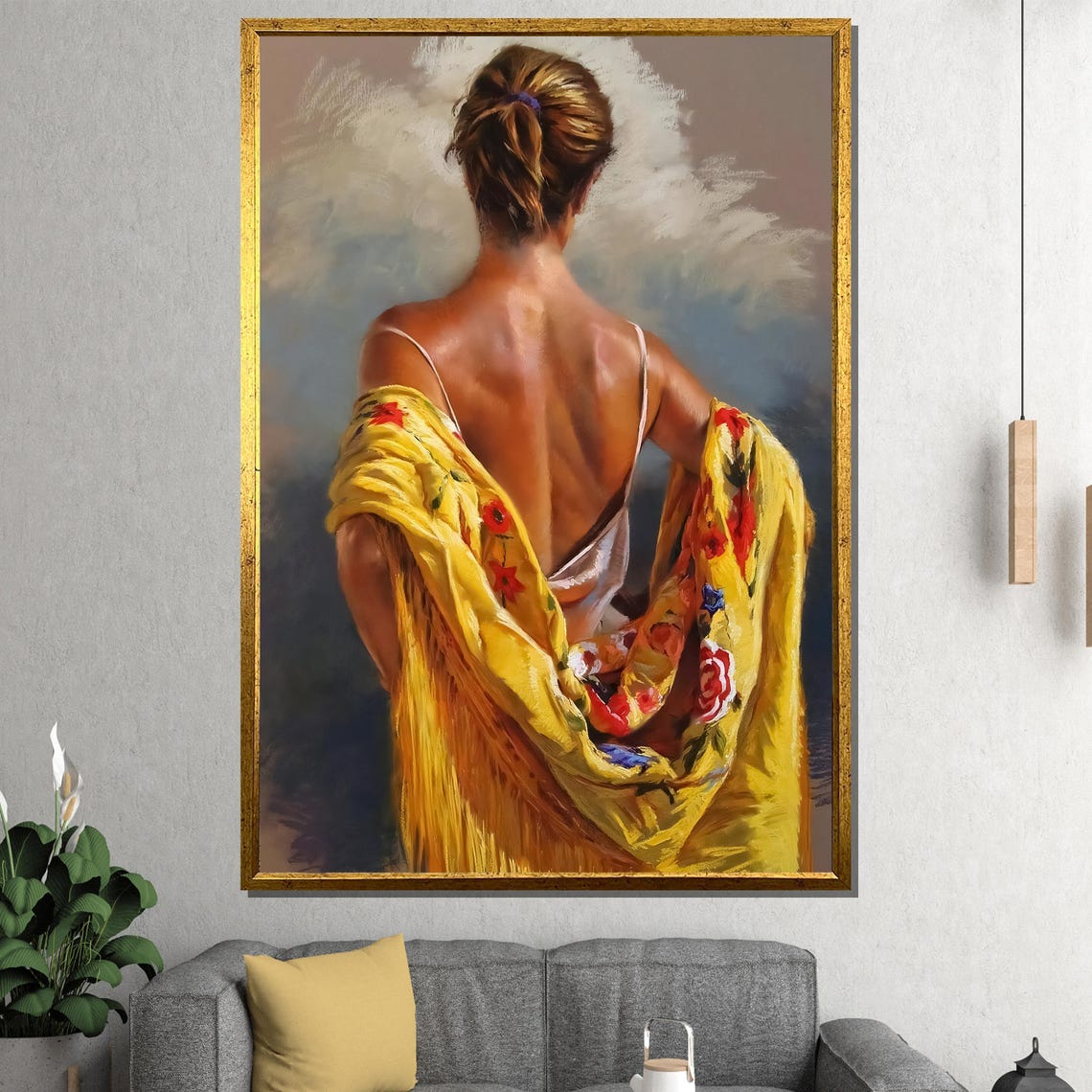 Impressionist Woman From Behind Draped In Golden Floral Shawl Poster