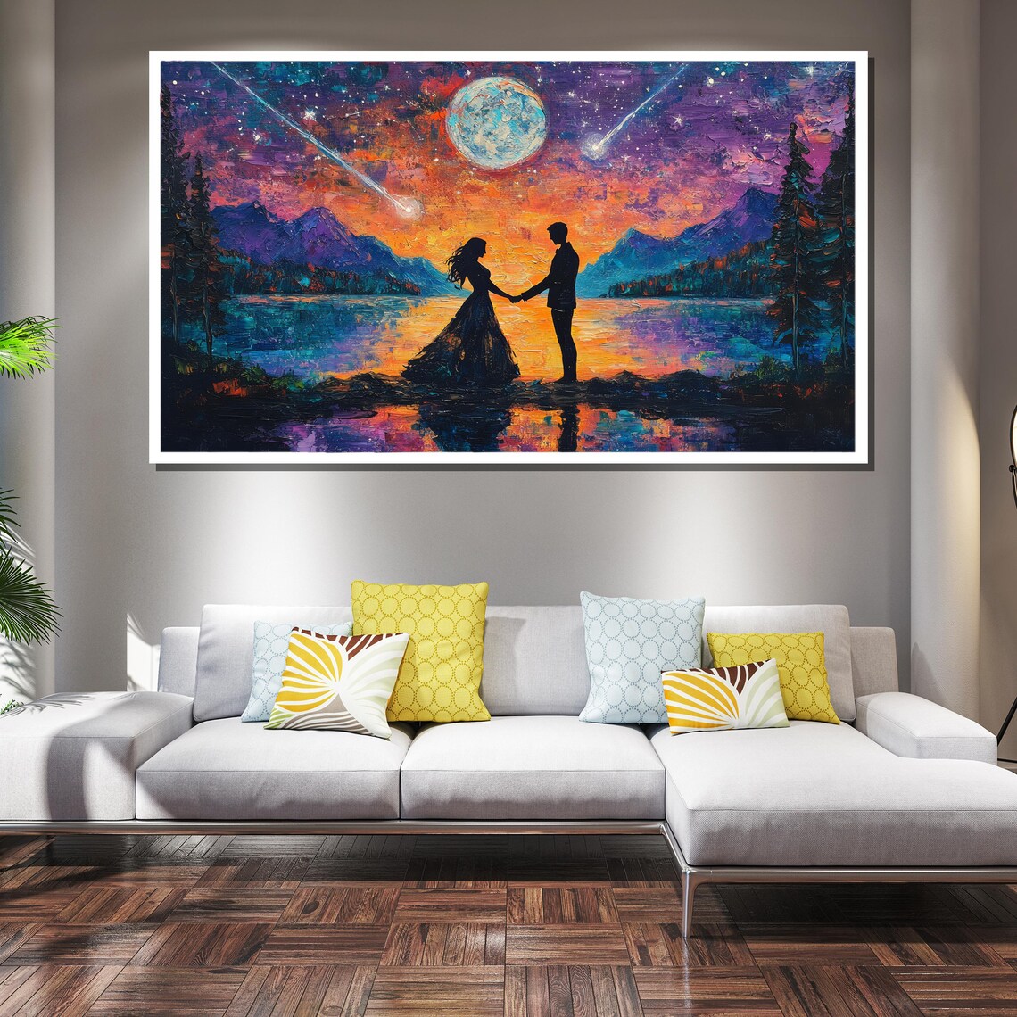 Romantic Starry Night Couple Moonlit Lake Shooting Stars Poster - Image 3
