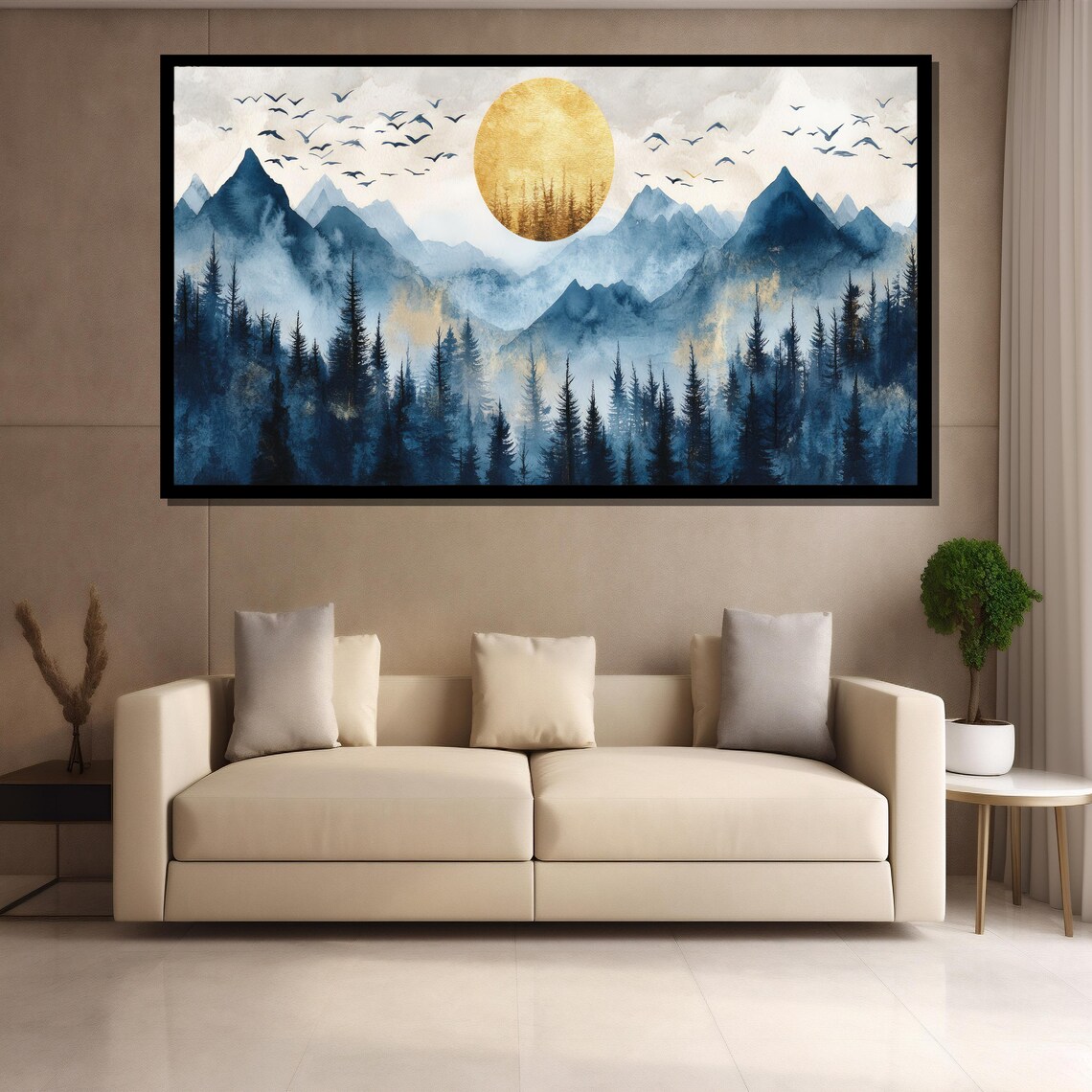 Golden Sun Over Misty Blue Mountain Forest Watercolor Art Poster - Image 4
