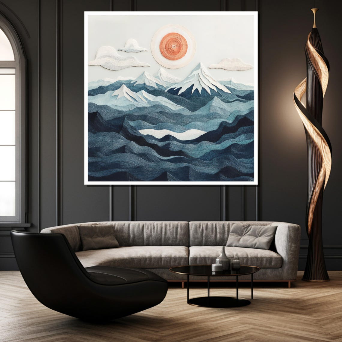 Layered Blue Mountains With Orange Spiral Sun Abstract Art Poster - Image 2