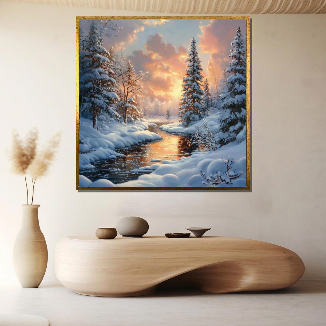Snowy Winter Forest Stream Rosy Sunset Wonderland Art Poster