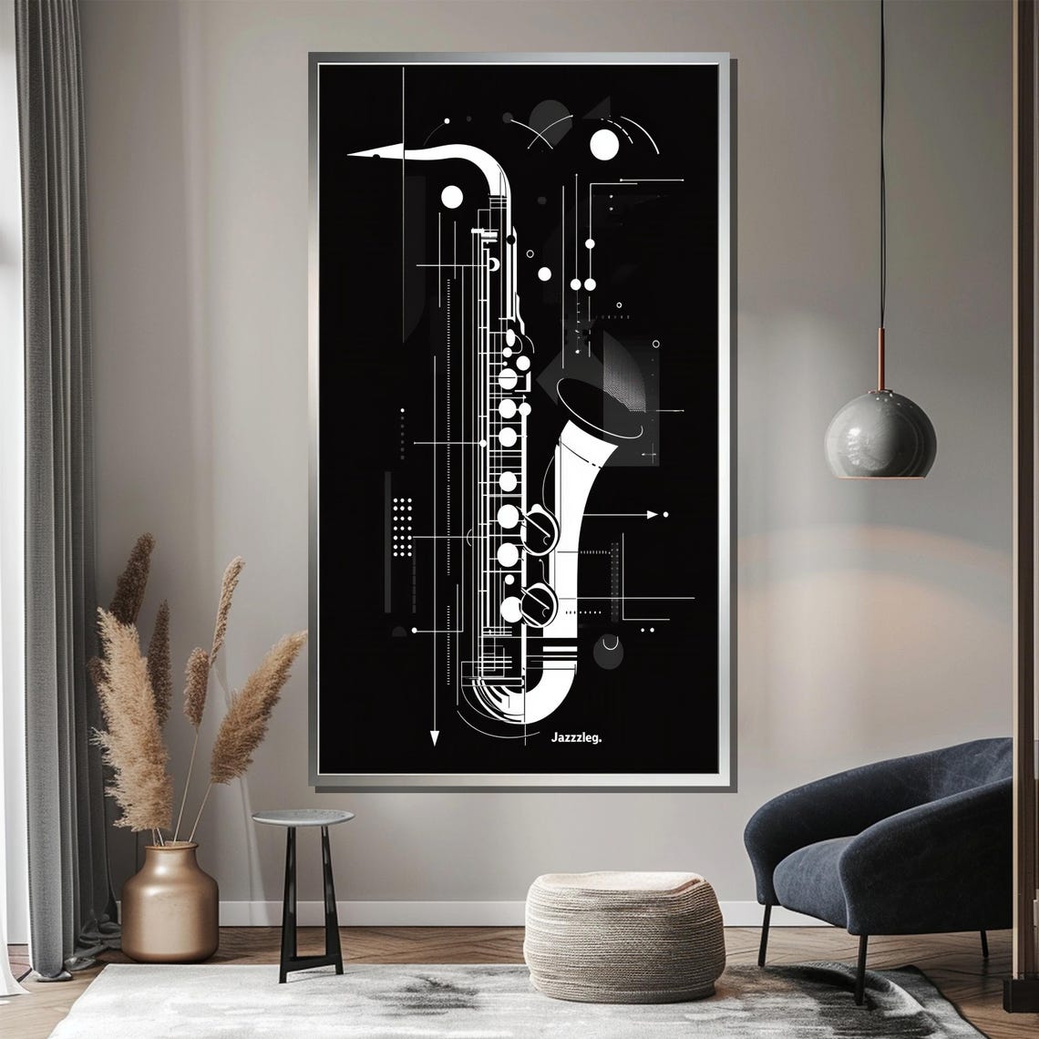 Modern Black and White Abstract Saxophone Jazz Line Art Poster - Image 3