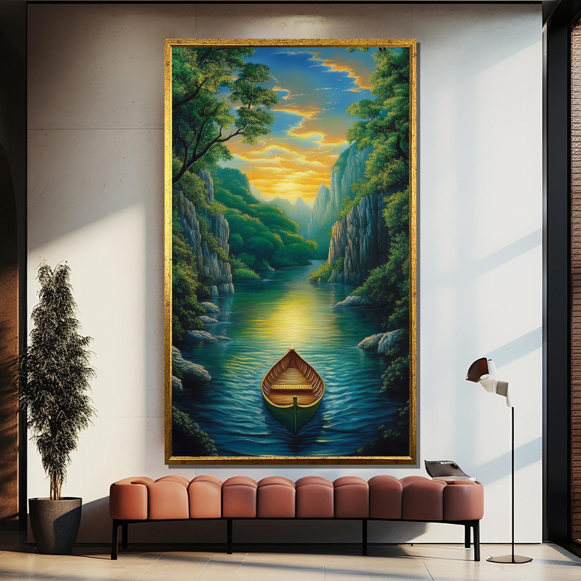 Sunlit River Valley With Wooden Boat And Emerald Cliffs Poster