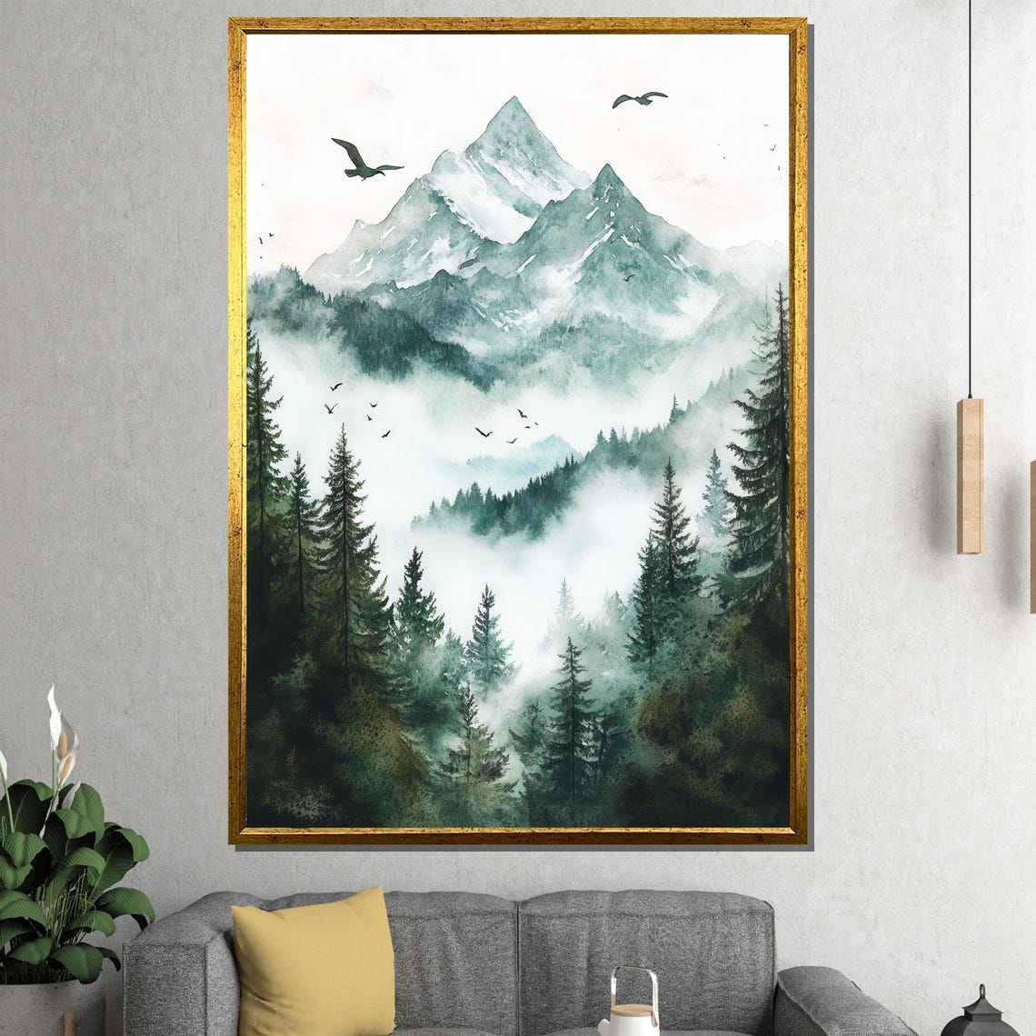 Misty Mountain Forest With Birds Watercolor Nature Art Poster
