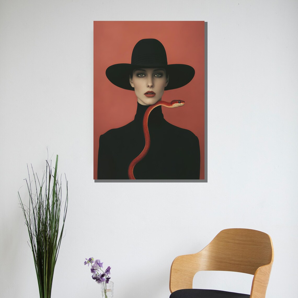 Mysterious Woman In Black Hat With Red Snake Portrait Art Poster - Image 2