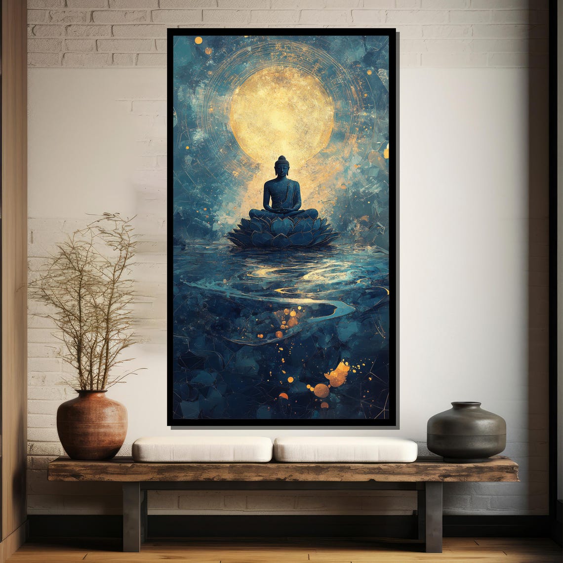Buddha on Lotus Under a Golden Moon in a Cosmic Teal Sky Poster - Image 4