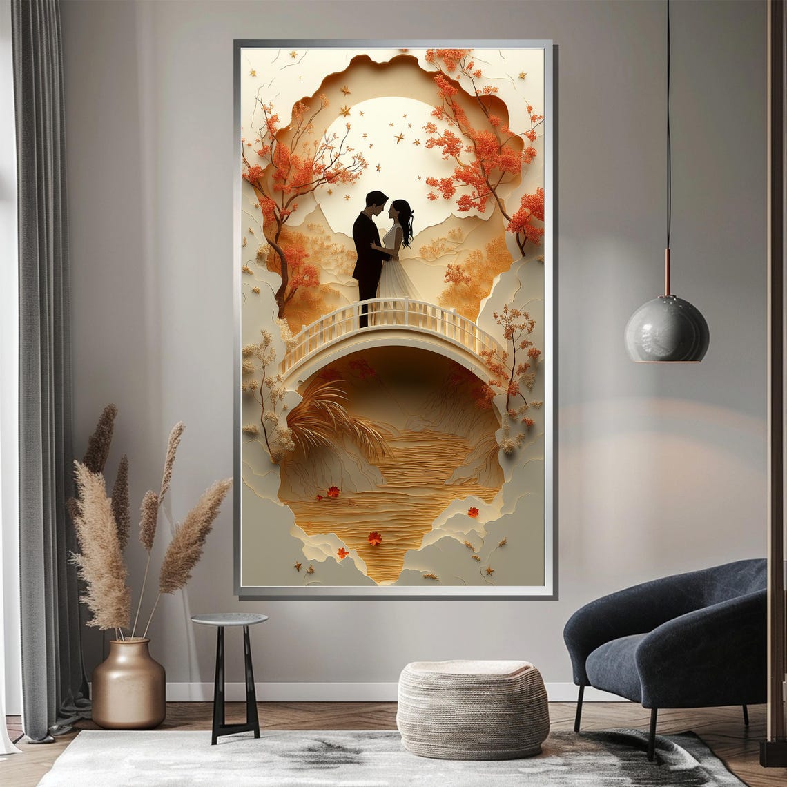 Autumn Bridge Couple Paper Cut Style Layered Leaves Art Poster - Image 4