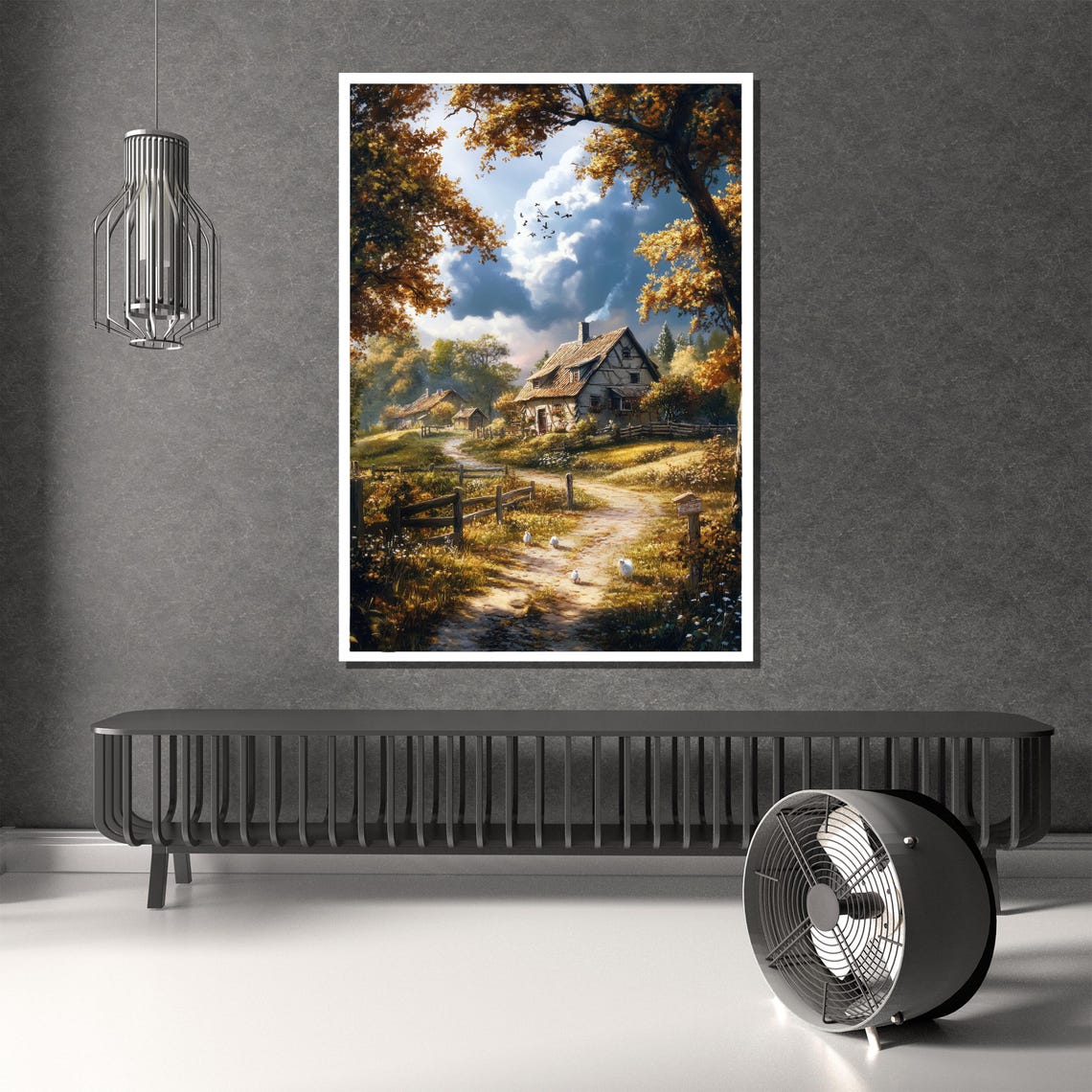 Cozy Countryside Cottage Autumn Trees Rustic Path Art Poster - Image 2