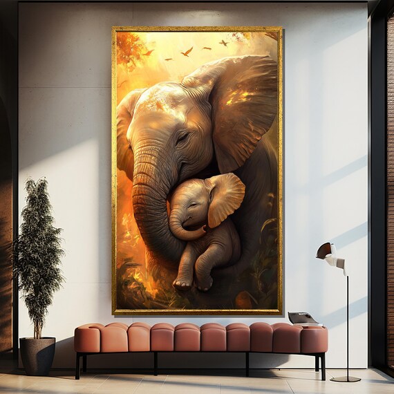 Mother Elephant Hugging Baby In Golden Sunset Painting Poster