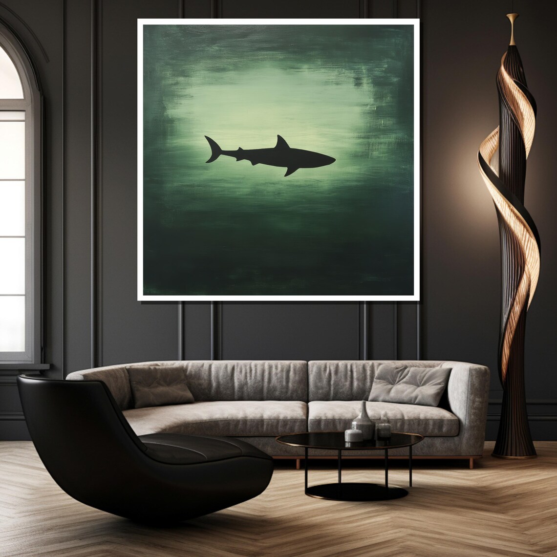 Minimalist Shark Silhouette in a Soft Green Ocean Wash Poster - Image 2