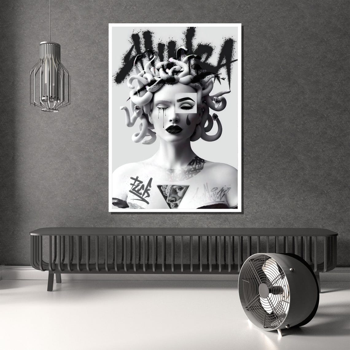 Black and White Graffiti Medusa With Snake Hair Bold Art Poster - Image 2