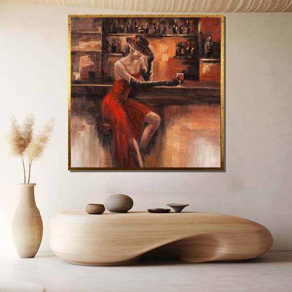 Vintage Romance Painting Of A Woman In Red At A Candlelit Bar Poster