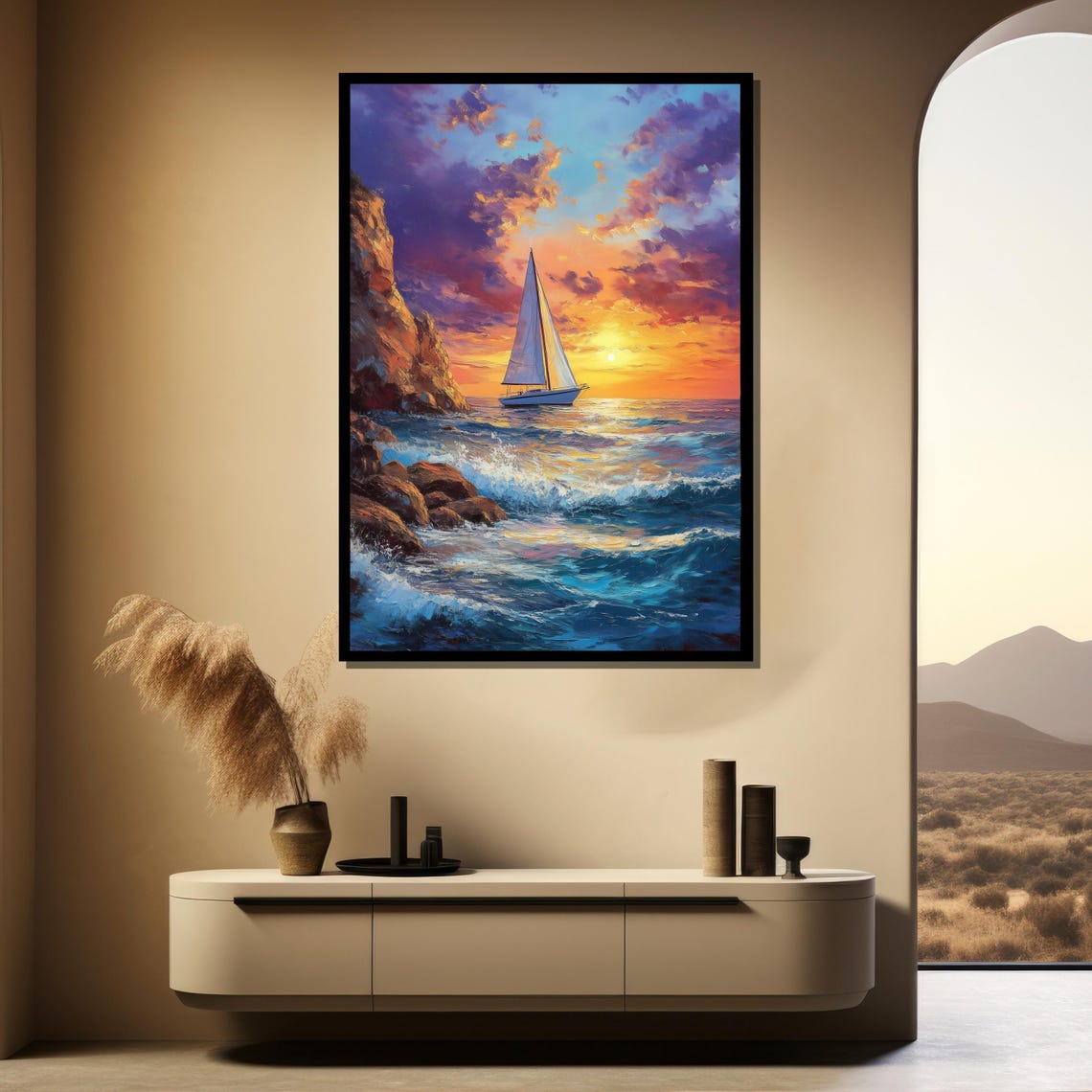 Sailboat Sunset Wall Art Large Framed Coastal Ocean Waves And Cliffs Painting Nautical Home Decor Gift For Sea Lovers - Image 4