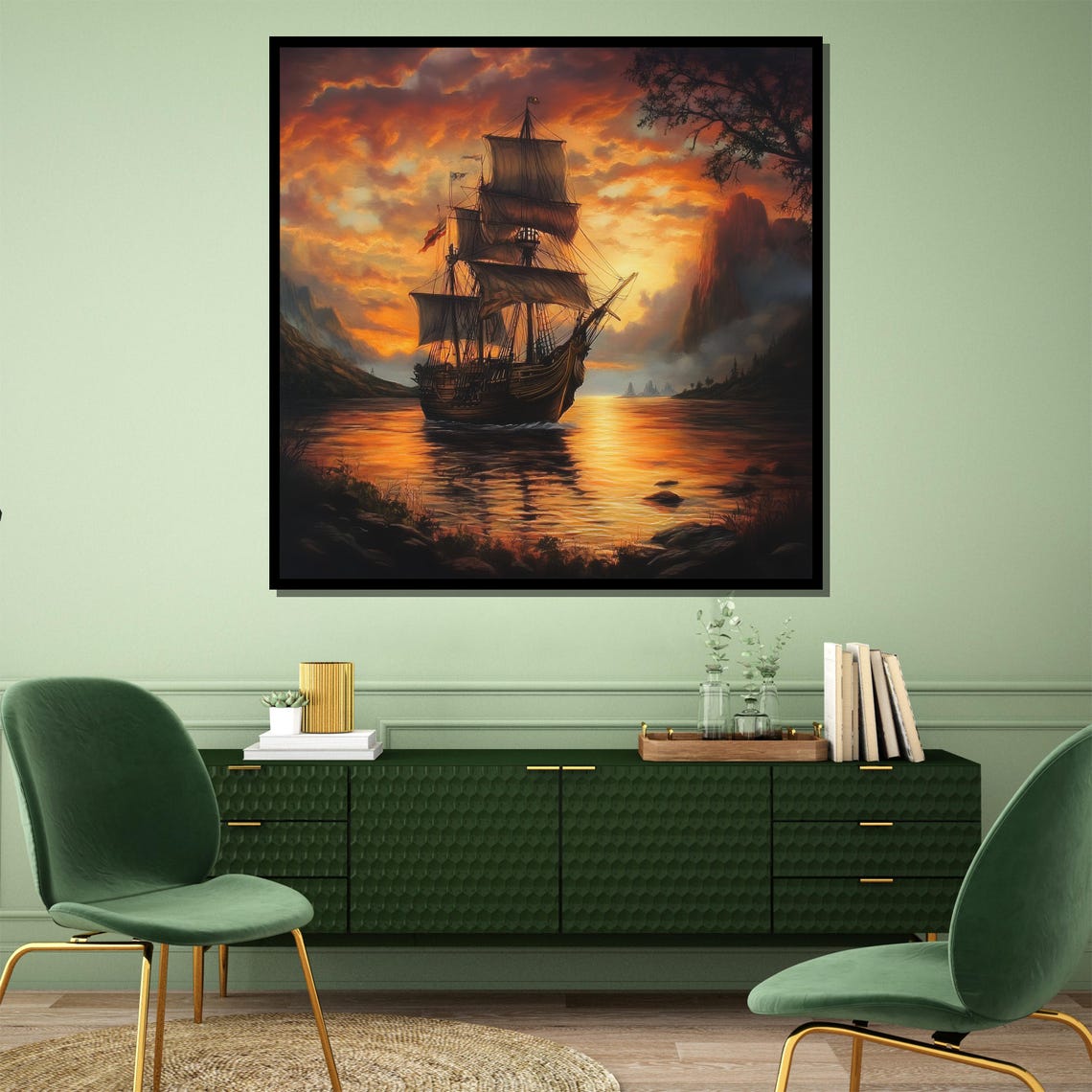 Tall Sailing Ship At Fiery Sunset Rocky Cliffs Nautical Art Poster - Image 4