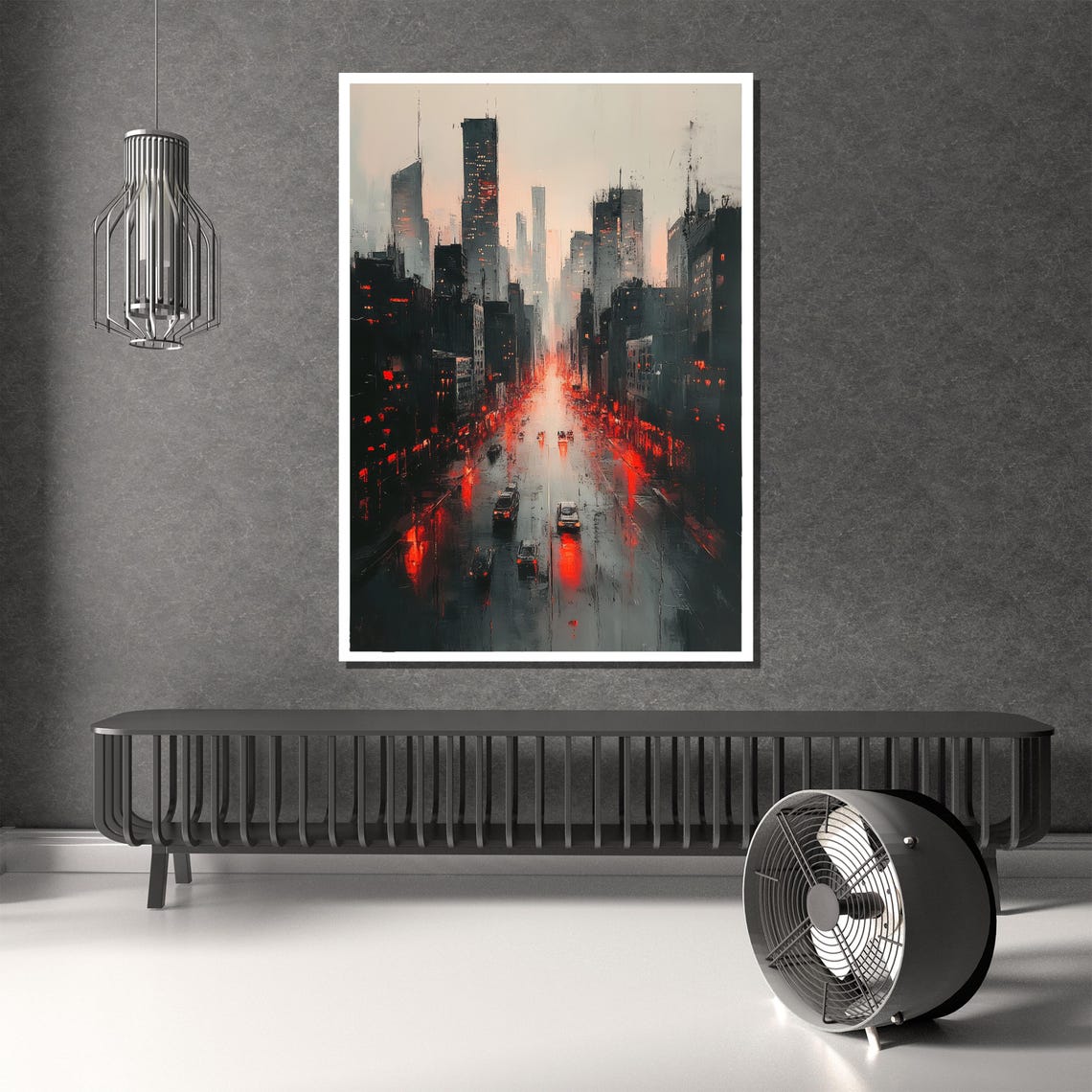 Urban Rainy Night City Street Red Lights Wet Road Art Poster - Image 2