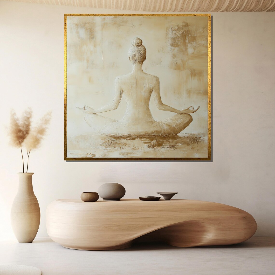 Woman Meditating From Behind in Soft Cream Minimalist Poster