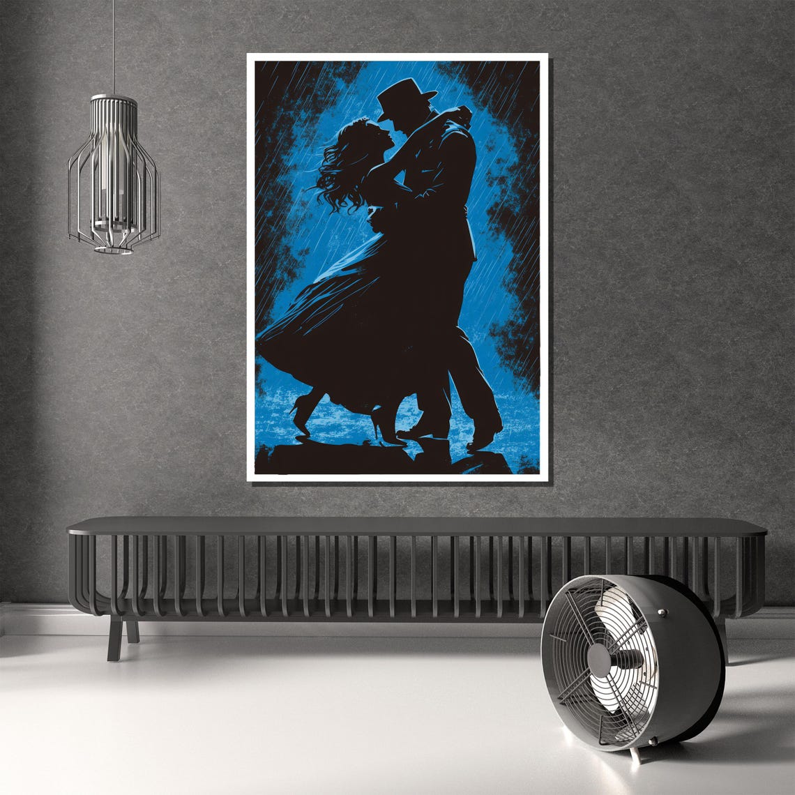 Romantic Couple Dancing in the Rain in Electric Blue Tones Poster - Image 2