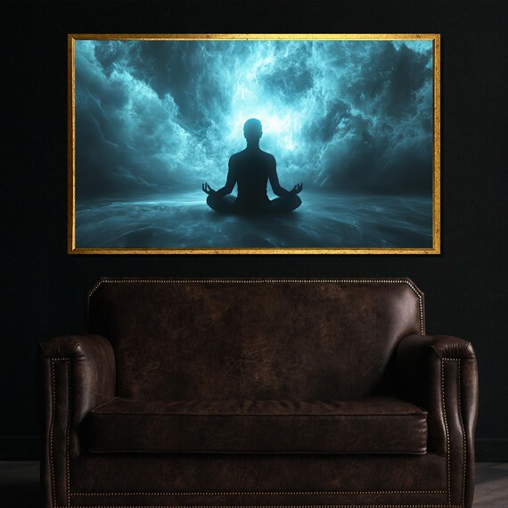 Meditation Silhouette Zen Cosmic Teal Clouds Spiritual Yoga Wall Poster