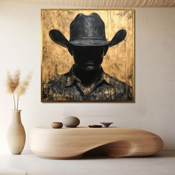 Western Cowboy Painting Rustic Wall Art Mysterious Cowboy Portrait Gold And Black Artwork Country Home Decor Western Gift