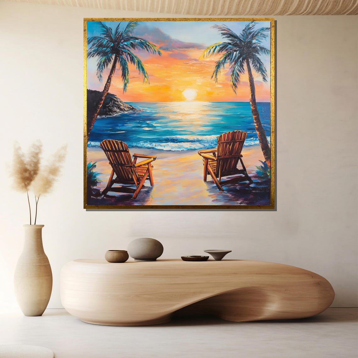 Beach Sunset With Adirondack Chairs Palms Ocean Romance Poster