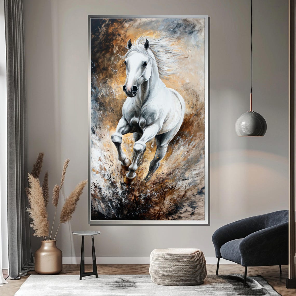 White Horse Galloping Through Dynamic Gold Brown Swirl Poster - Image 3