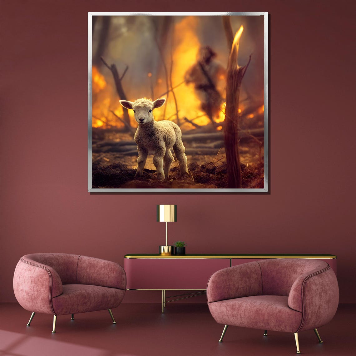 Lamb in Burning Forest Fire Shepherd Christian Symbolism Poster - Image 5