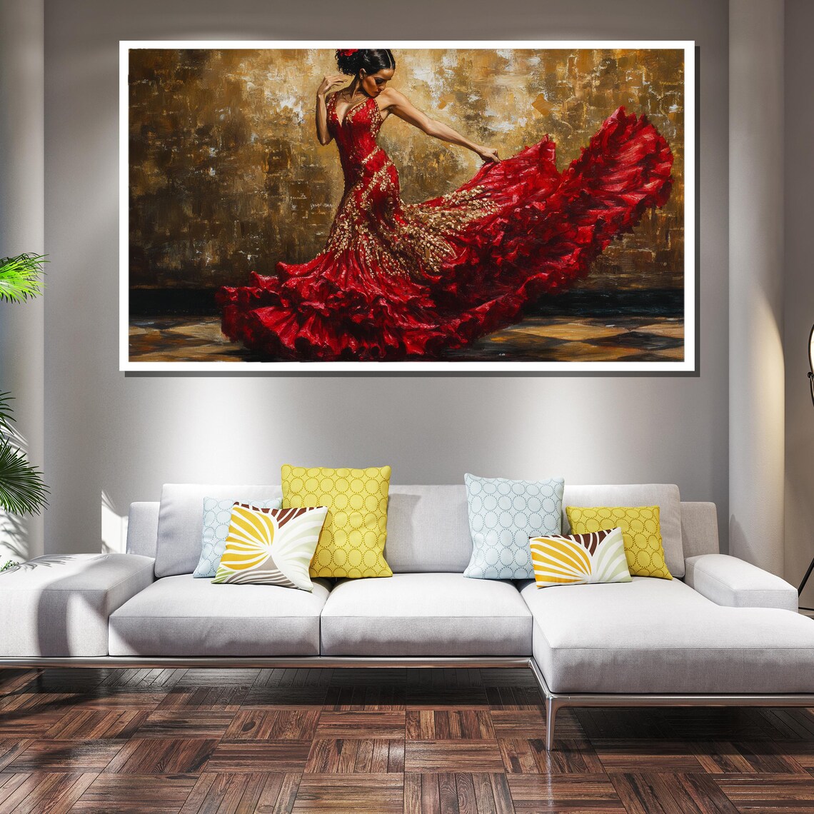 Flamenco Dancer in a Scarlet Ruffled Gown on Golden Canvas Poster - Image 2