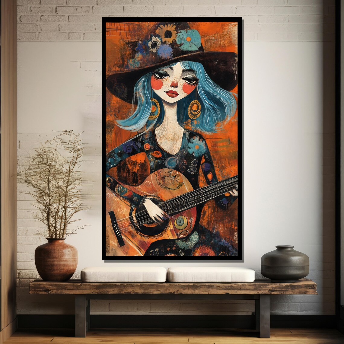 Bohemian Blue Haired Guitarist Girl in Vibrant Portrait Poster - Image 4