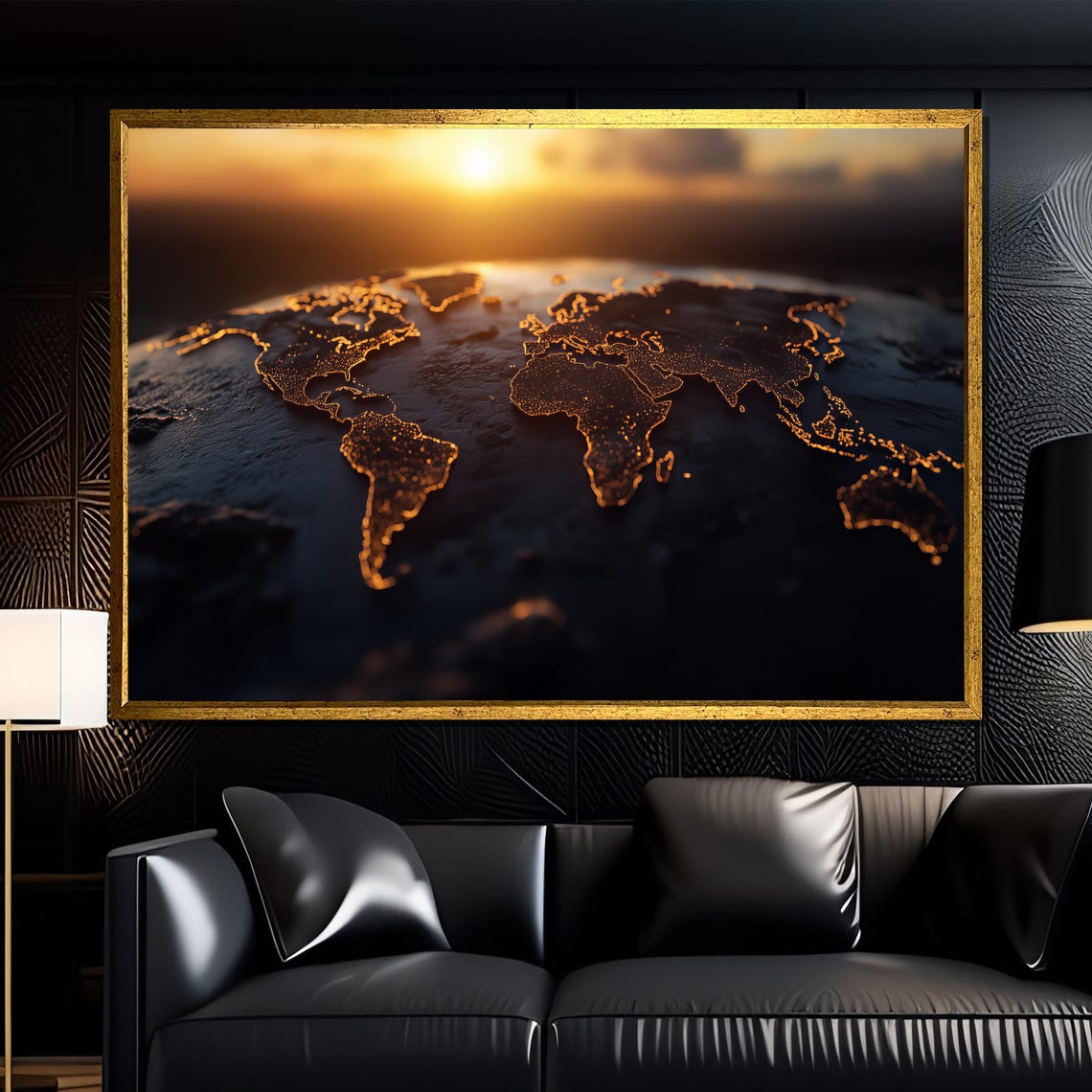 Golden Glowing World Map Earth Sunrise Modern Travel Wall Poster