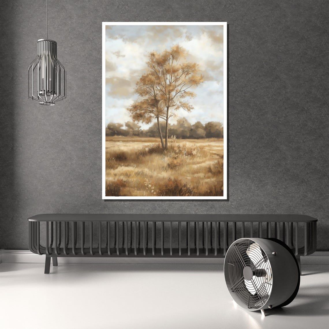 Rustic Tree Painting Neutral Landscape Wall Art Farmhouse Decor Gift For Living Room Or Office - Image 3