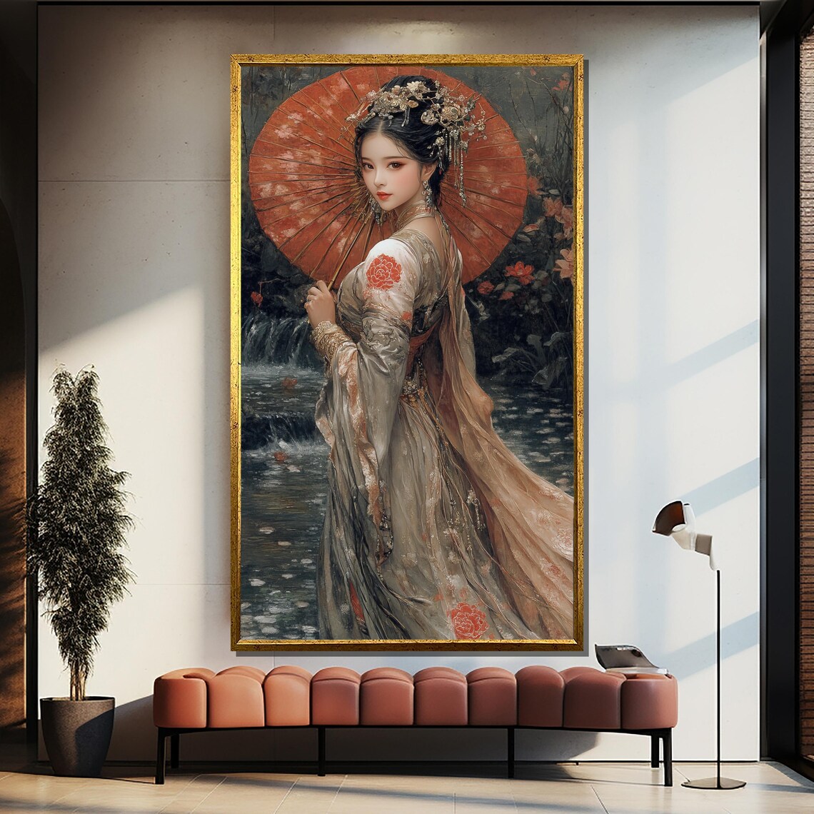 Elegant Asian Beauty With Red Parasol In Moonlit Garden Art Poster