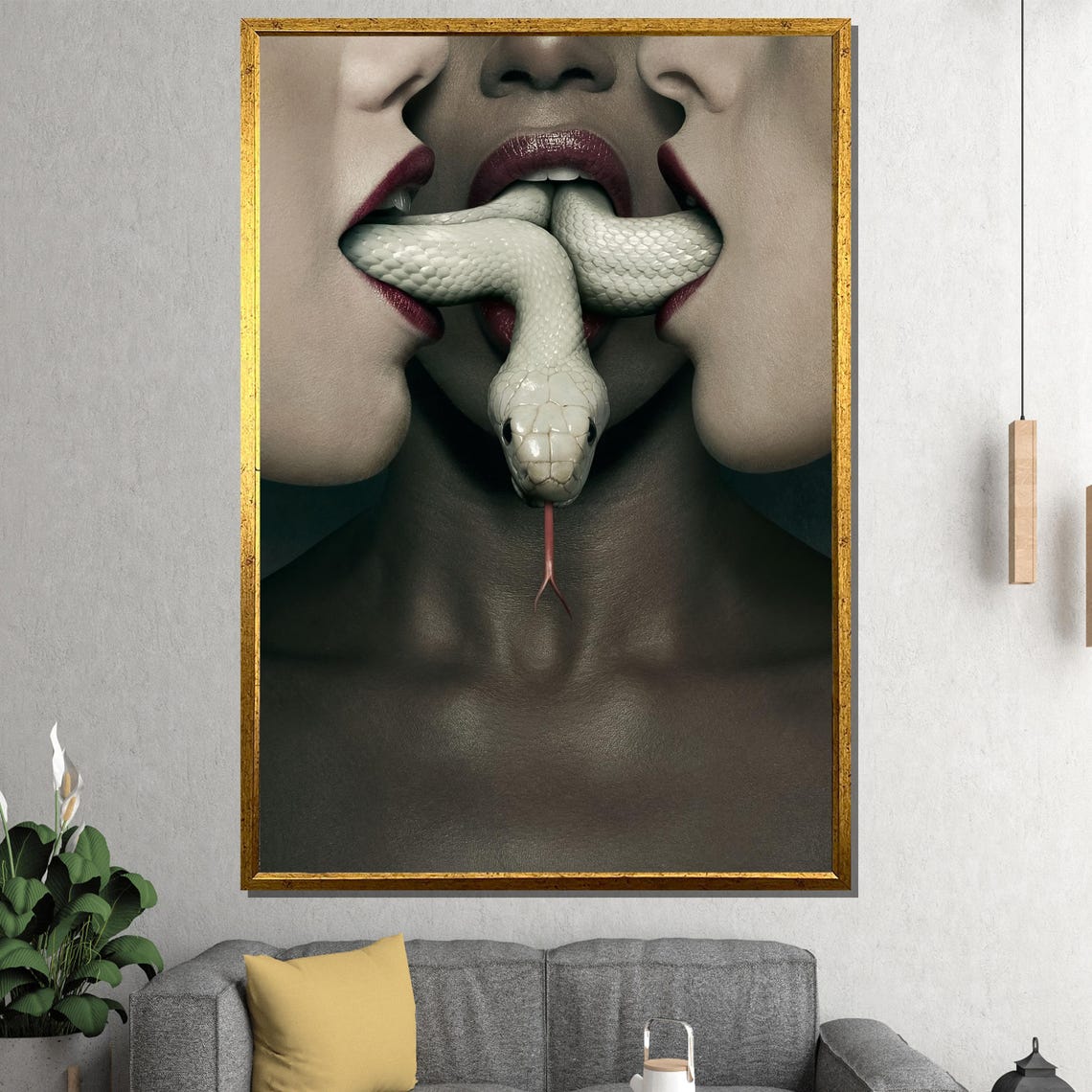 Surreal White Snake Emerging From Red Lips Dark Moody Poster