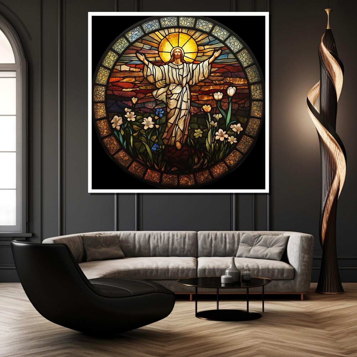 Jesus Resurrection Stained Glass Circle Garden Flowers Art Poster - Image 4