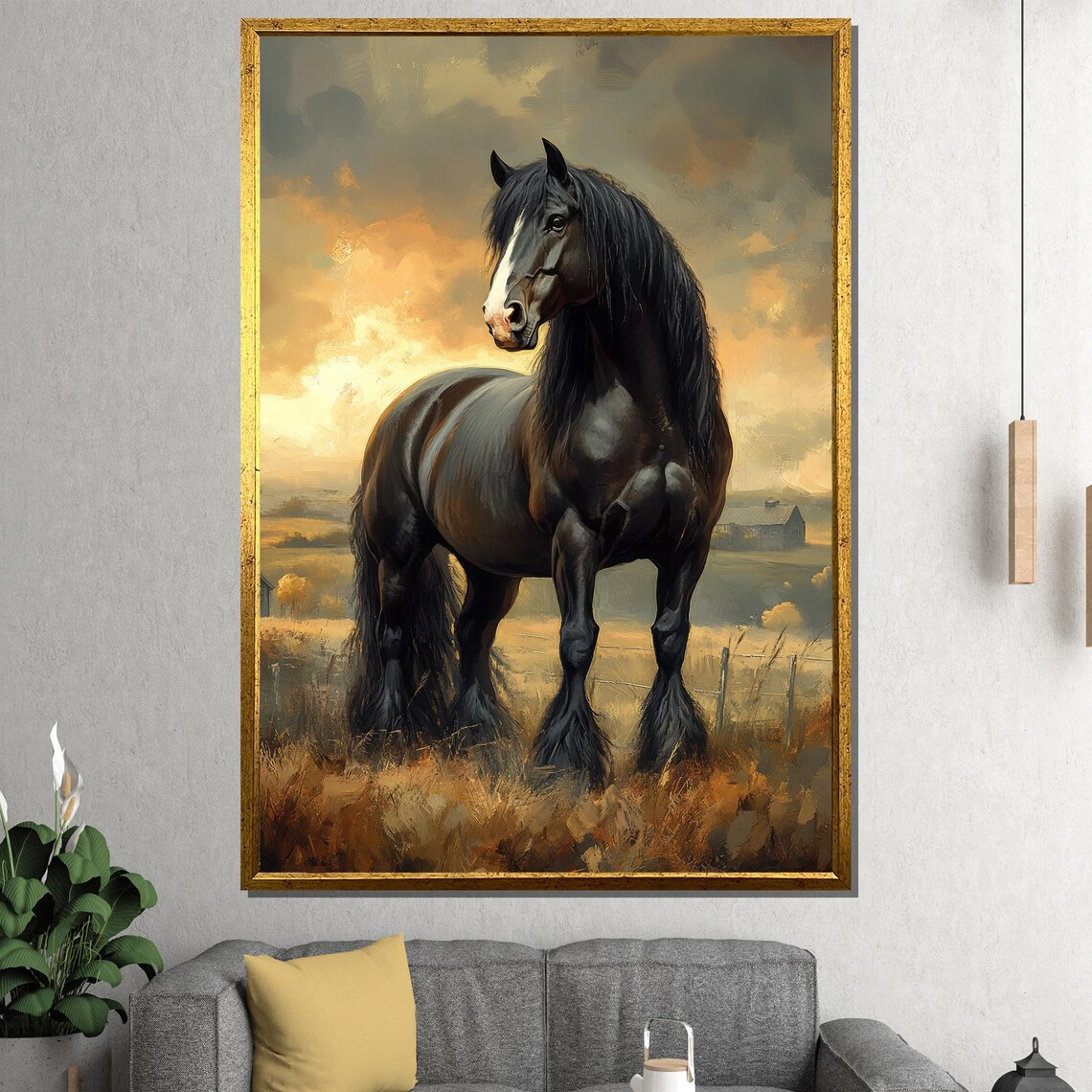 Black Stallion Standing Proud in a Golden Field at Sunset Poster
