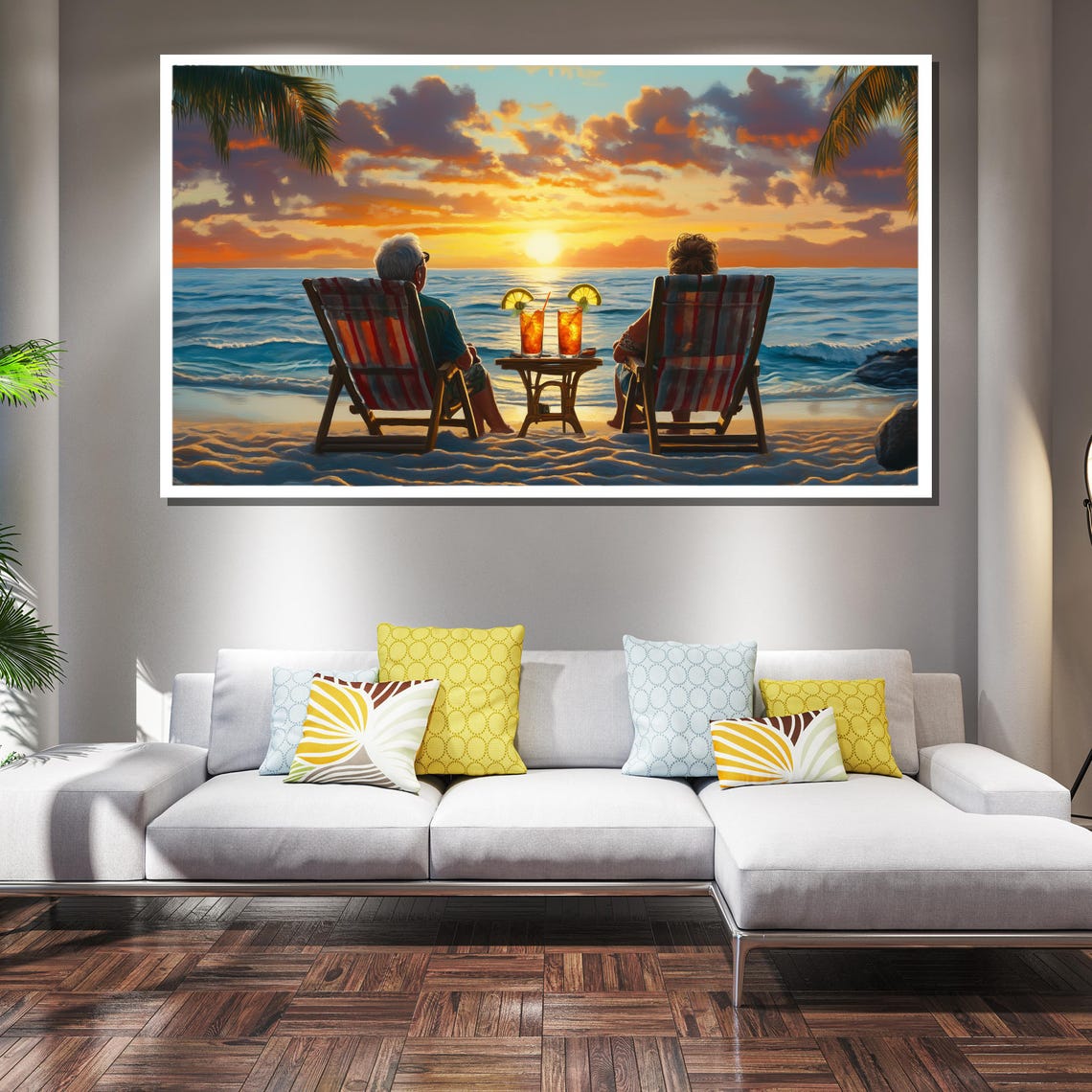 Romantic Couple Watching Beach Sunset Ocean Chairs Art Poster - Image 2