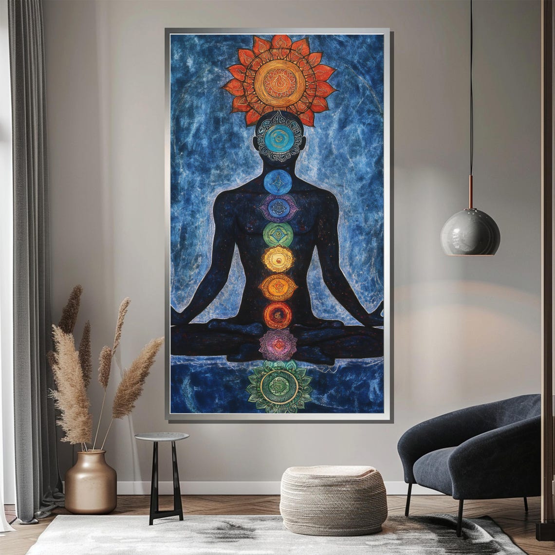 Seven Chakra Alignment Meditating Figure Blue Watercolor Wall Poster - Image 3